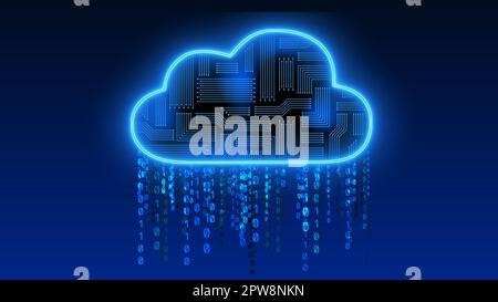 Konzept der Cloud-Computing-Technologie – Leiterplatte in leuchtendem Wolkensymbol, stilisierte Regenstrahlen des binären Codes – 3D Abbildung Stockfoto