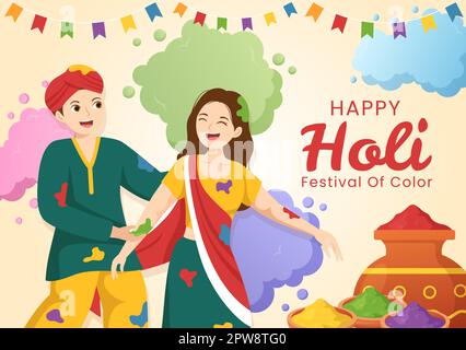 Happy Holi Festival Illustration mit farbenfrohem Töpfchen und Pulver in Hindi für Webbanner oder Landing Page in flachen, handgezeichneten Cartoon-Vorlagen Stock Vektor