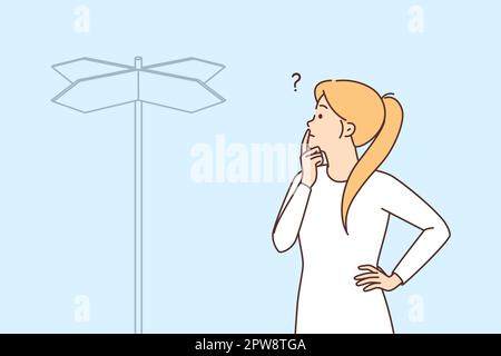 Frau in der Nähe eines Straßenschilds, das auf verschiedene Seiten zeigt und versucht, die Richtung zu wählen Stock Vektor