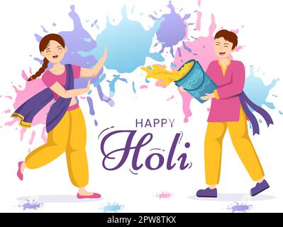 Happy Holi Festival Illustration mit farbenfrohem Töpfchen und Pulver in Hindi für Webbanner oder Landing Page in flachen, handgezeichneten Cartoon-Vorlagen Stock Vektor