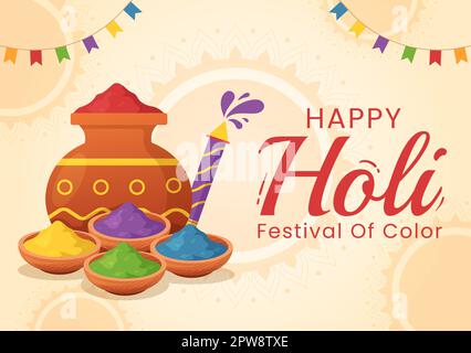 Happy Holi Festival Illustration mit farbenfrohem Töpfchen und Pulver in Hindi für Webbanner oder Landing Page in flachen, handgezeichneten Cartoon-Vorlagen Stock Vektor