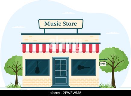 Music Store mit verschiedenen Musikinstrumenten, CD, Kassetten und Audioaufnahmen in flacher Cartoon-Vorlage mit handgezeichneter Zeichnung Stock Vektor