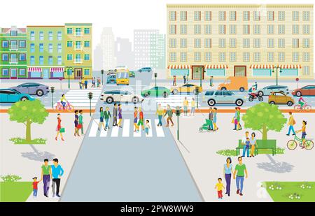Silhouette der Stadt mit Fußgängern in Wohngebieten und Straßenverkehr, Illustration Stock Vektor