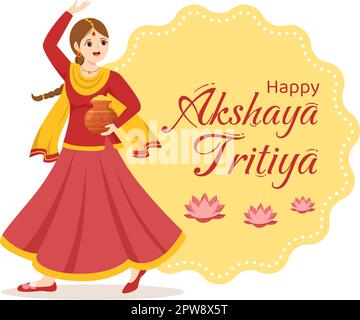 Akshaya Tritiya Festival Illustration mit einer goldenen Kalash-, Töpfe- und Goldmünze für die Dhanteras Celebration in Hand gezeichnet für Landing-Page-Vorlagen Stock Vektor