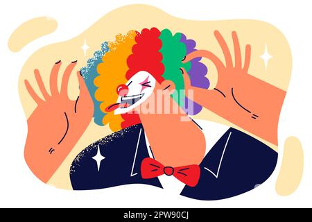 Der Clown sticht die Zunge heraus und bringt lustige Gesichter zum Lachen bei einer humorvollen Theatervorstellung Stock Vektor