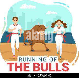 „Running of the Bulls Illustration with Bullfighting Show in Arena“ in einem flachen Cartoon, handgezeichnet für Webbanner oder Landing-Page-Vorlage Stock Vektor