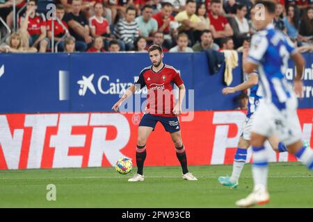 Pamplona, Spanien. 28. April 2023. Jon Moncayola (Osasuna) Fußball : spanisches Spiel "La Liga Santander" zwischen CA Osasuna 0-2 Real Sociedad im Estadio El Sadar in Pamplona, Spanien . Kredit: Mutsu Kawamori/AFLO/Alamy Live News Stockfoto