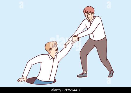 Ein Retter, ein Freund, fiel in die Luke und streckte in einer schwierigen Situation die Hand aus Stock Vektor