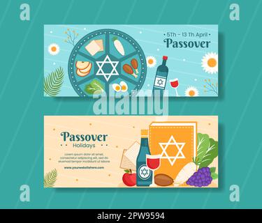 Happy Passover Jüdischer Feiertag Horizontales Banner Flacher Cartoon Handgezeichnete Vorlagen Hintergrundillustration Stock Vektor
