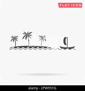 Schiff segelt in der Nähe der Insel mit Palmen. Einfaches flaches schwarzes Symbol mit Schatten auf weißem Hintergrund. Piktogramm zur Vektordarstellung Stock Vektor