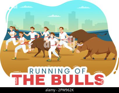 „Running of the Bulls Illustration with Bullfighting Show in Arena“ in einem flachen Cartoon, handgezeichnet für Webbanner oder Landing-Page-Vorlage Stock Vektor
