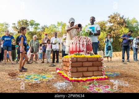Auroville, Indien - 18. März 2023: Water Matters Mela. Erster Tag der Abschlusszeremonie des dritten Wasserfestivals in der bioregion Stockfoto