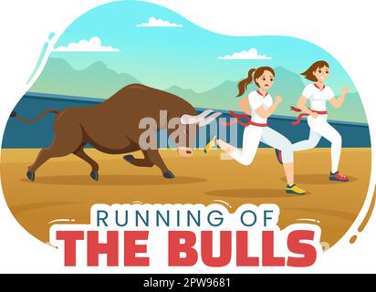 „Running of the Bulls Illustration with Bullfighting Show in Arena“ in einem flachen Cartoon, handgezeichnet für Webbanner oder Landing-Page-Vorlage Stock Vektor