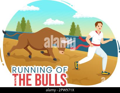„Running of the Bulls Illustration with Bullfighting Show in Arena“ in einem flachen Cartoon, handgezeichnet für Webbanner oder Landing-Page-Vorlage Stock Vektor