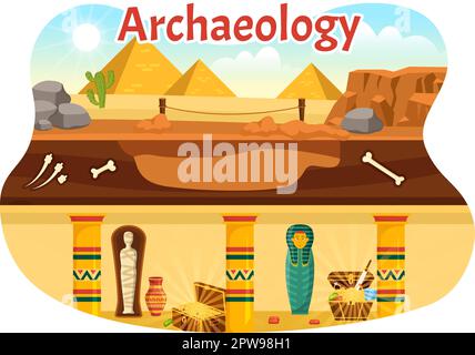 Archäologische Illustration mit archäologischen Ausgrabungen antiker Ruinen, Artefakte und Dinosaurierfossil in handgezeichneten Flat Cartoon-Vorlagen Stock Vektor