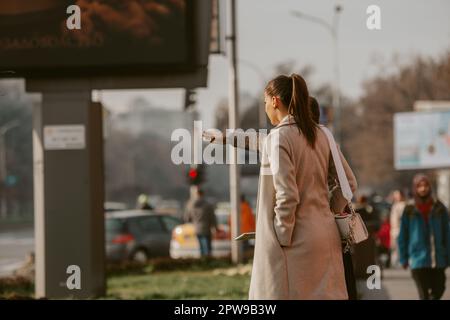 Ein Geschäftsmann, der seinem Kollegen im Stehen etwas auf der Straße zeigt Stockfoto