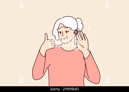 Ältere Frau verwendet ein Hörgerät und zeigt Daumen nach oben, was die gute Lautstärke dank des neuen Geräts bestätigt Stock Vektor