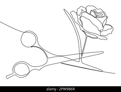 Eine durchgehende Schere mit Rosenblumen Stock Vektor