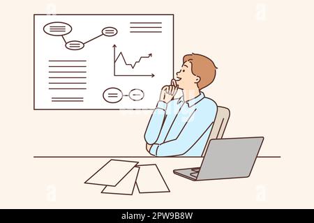 Man Corporate Manager freut sich, sich mit wachsenden Diagrammen über steigende Gewinne zu beschäftigen Stock Vektor