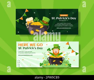 Happy St Patricks Day Horizontalbanner Flache Cartoon Handgezeichnete Vorlagen Hintergrunddarstellung Stock Vektor