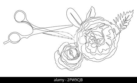 Eine durchgehende Schere mit Rosenblumen Stock Vektor