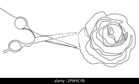 One continuous line of scissor with rose flowers Stock Vector