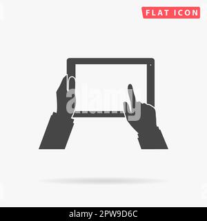Tablet-PC in menschlichen Händen. Einfaches flaches schwarzes Symbol mit Schatten auf weißem Hintergrund. Piktogramm zur Vektordarstellung Stock Vektor