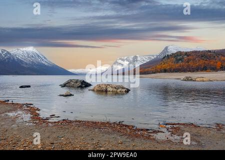 Herbst am See Gjevillvatnet im Bezirk Troendelag im Gebirgsgebiet Trollheimen, Norwegen Stockfoto