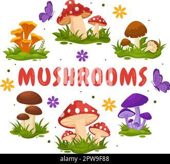 Pilze Illustration mit verschiedenen Pilzen, Gras und Insekten für Webbanner oder Landing-Page in flachen, handgezeichneten Cartoon-Vorlagen Stock Vektor