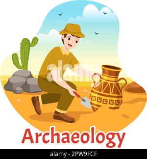 Archäologische Illustration mit archäologischen Ausgrabungen antiker Ruinen, Artefakte und Dinosaurierfossil in handgezeichneten Flat Cartoon-Vorlagen Stock Vektor