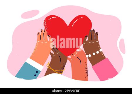 Hände Menschen unterschiedlicher Rassen und Nationalitäten greifen nach Herzen, die Gnade und Nächstenliebe symbolisieren Stock Vektor
