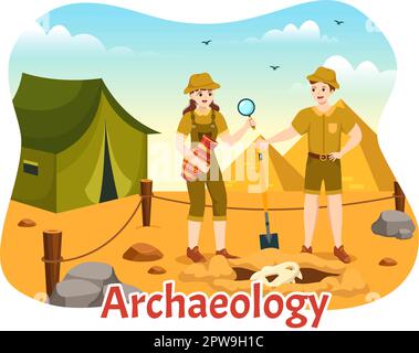 Archäologische Illustration mit archäologischen Ausgrabungen antiker Ruinen, Artefakte und Dinosaurierfossil in handgezeichneten Flat Cartoon-Vorlagen Stock Vektor