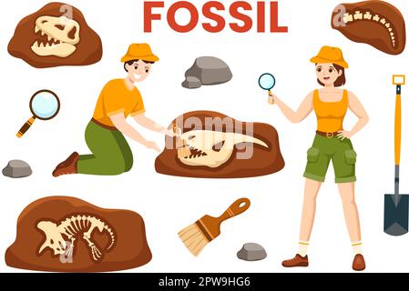 Fossil Illustration mit Archäologen findet Dinosaurier-Skelette auf Ausgrabungen oder beim Ausheben von Bodenschichten in Flat Cartoon Hand Drawn Templates Stock Vektor