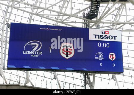 Aviva Stadium, Dublin, Irland. 29. April 2023. Heineken Champions Cup Rugby, Halbfinale, Leinster gegen Toulouse: Eine Nahaufnahme der Aviva-Anzeigetafel vor dem Anstoß Credit: Action Plus Sports/Alamy Live News Stockfoto