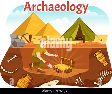 Archäologische Illustration mit archäologischen Ausgrabungen antiker Ruinen, Artefakte und Dinosaurierfossil in handgezeichneten Flat Cartoon-Vorlagen Stock Vektor