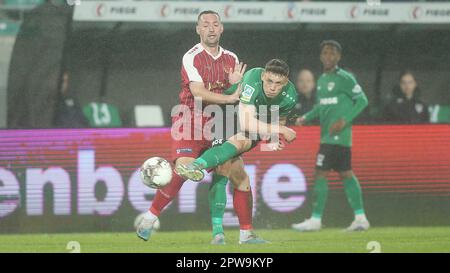 Münster, Deutschland. 28. April 2023. firo : 04/28/2023-Fußball, Fußball, Saison der Regionalliga, 2022/2023, Regionalliga West, Rückflug, 32. Spieltag SC Preussen Munster, SCP, Preussen Münster - Fortuna Köln 1:3 Duelle, Nicolai Remberg Kredit: dpa/Alamy Live News Stockfoto