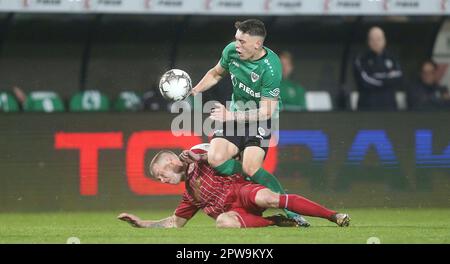 Münster, Deutschland. 28. April 2023. firo : 04/28/2023-Fußball, Fußball, Saison der Regionalliga, 2022/2023, Regionalliga West, Rückflug, 32. Spieltag SC Preussen Munster, SCP, Preussen Münster - Fortuna Köln 1:3 Duelle, Nicolai Remberg Kredit: dpa/Alamy Live News Stockfoto