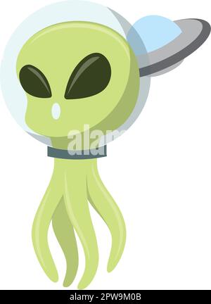 Süßer Alien mit fliegendem UFO hinter Illustration Stock Vektor