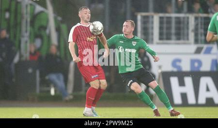 Münster, Deutschland. 28. April 2023. firo: 04/28/2023-Fußball, Fußball, Saison der regionalen Liga, 2022/2023, regionale Liga West, Rückflug, 32. Spieltag SC Preussen Munster, SCP, Preussen Münster - Fortuna Köln 1:3 Duelle, Simon Scherder Credit: dpa/Alamy Live News Stockfoto