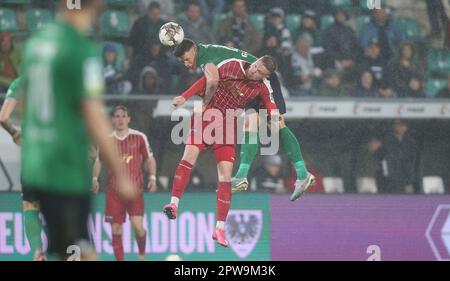 Münster, Deutschland. 28. April 2023. firo : 04/28/2023-Fußball, Fußball, Saison der Regionalliga, 2022/2023, Regionalliga West, Rückflug, 32. Spieltag SC Preussen Munster, SCP, Preussen Münster - Fortuna Köln 1:3 Duelle, Nicolai Remberg Kredit: dpa/Alamy Live News Stockfoto