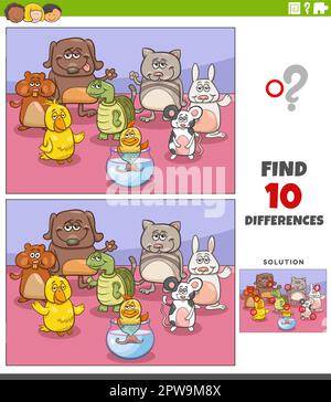 Difference-Spiel mit Tierfiguren aus Cartoon Stock Vektor