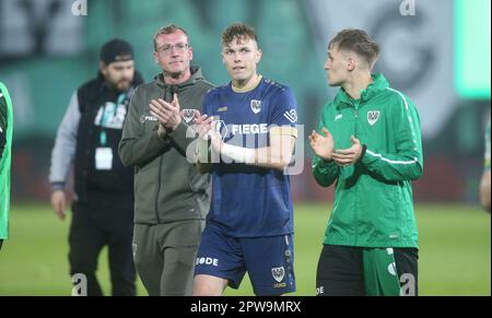 Münster, Deutschland. 28. April 2023. firo : 04/28/2023-Fußball, Fußball, Saison der Regionalliga, 2022/2023, Regionalliga West, Rückflug, 32. Spieltag SC Preussen Munster, SCP, Preussen Münster - Fortuna Köln 1:3 Tom Müller Kredit: dpa/Alamy Live News Stockfoto