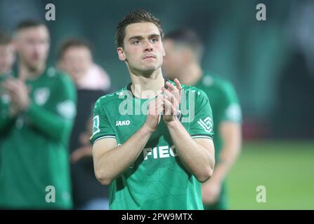 Münster, Deutschland. 28. April 2023. firo : 04/28/2023-Fußball, Fußball, Saison der Regionalliga, 2022/2023, Regionalliga West, Rückflug, 32. Spieltag SC Preussen Munster, SCP, Preussen Münster - Fortuna Köln 1:3 Thomas Kok Kredit: dpa/Alamy Live News Stockfoto