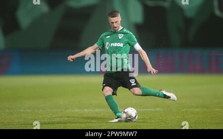 Münster, Deutschland. 28. April 2023. firo: 04/28/2023-Fußball, Fußball, Saison der regionalen Liga, 2022/2023, regionale Liga West, Rückflug, 32. Spieltag SC Preussen Munster, SCP, Preußen Münster - Fortuna Köln 1:3 Marc Lorenz, Single Action Credit: dpa/Alamy Live News Stockfoto