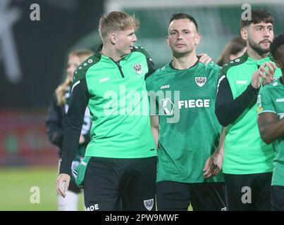 Münster, Deutschland. 28. April 2023. firo : 04/28/2023-Fußball, Fußball, Saison der Regionalliga, 2022/2023, Regionalliga West, Rückkehrrunde, 32. Spieltag SC Preussen Munster, SCP, Preussen Münster - Fortuna Köln 1:3 Alexander Langlitz, mit und, Marvin Benjamins Credit: dpa/Alamy Live News Stockfoto