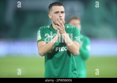 Münster, Deutschland. 28. April 2023. firo : 04/28/2023-Fußball, Fußball, Saison der Regionalliga, 2022/2023, Regionalliga West, Rückflug, 32. Spieltag SC Preussen Munster, SCP, Preussen Münster - Fortuna Köln 1:3 Yassine Bouchama Gutschein: dpa/Alamy Live News Stockfoto