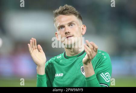 Münster, Deutschland. 28. April 2023. firo : 04/28/2023-Fußball, Fußball, Saison der Regionalliga, 2022/2023, Regionalliga West, Rückflug, 32. Spieltag SC Preussen Munster, SCP, Preussen Münster - Fortuna Köln 1:3 Thorben Deters Credit: dpa/Alamy Live News Stockfoto