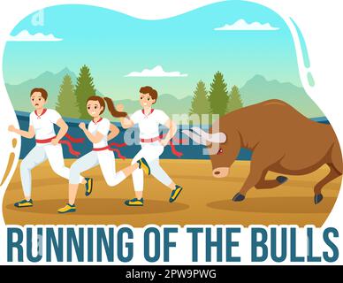„Running of the Bulls Illustration with Bullfighting Show in Arena“ in einem flachen Cartoon, handgezeichnet für Webbanner oder Landing-Page-Vorlage Stock Vektor