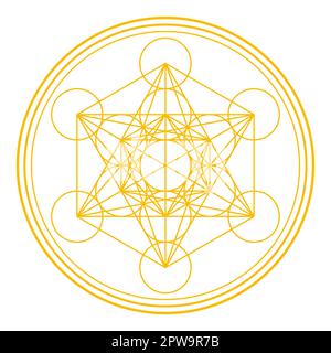 Goldener Metatron-Würfel, mystisches Symbol, abgeleitet von der Blume des Lebens Stock Vektor