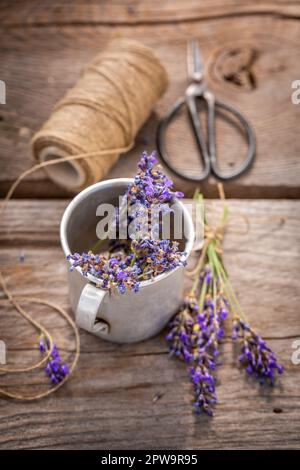 Aromatischer und hausgemachter Lavendel als Parfümbestandteil. Hausgemachte aromatische Blumen. Stockfoto